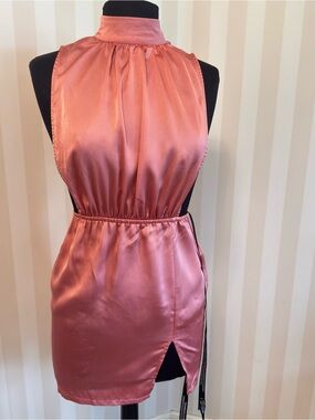 PrettyLittleThing Coral Satin High-Neck Mini Dress